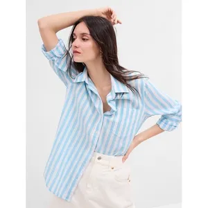 Gap Womens Sz Medium Linen Blend Easy Shirt Button Down Teal White Stripe Pocket thumbnail 2