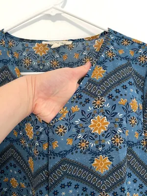 PINK ROSE Blue Mustard Navy Floral Chevron 3/4 Sleeve Roll Tab Sleeve Blouse Top thumbnail 5