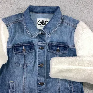 GBG Denim Jacket Sherpa Sleeve Womens S Trucker Blue Two Tone Cozy Cabin Fall thumbnail 1