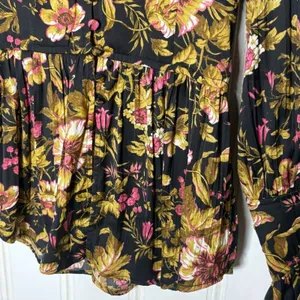 Anthropologie Floral Peplum Blouse V-Neck Button Front Flared Cuff Top Black thumbnail 6