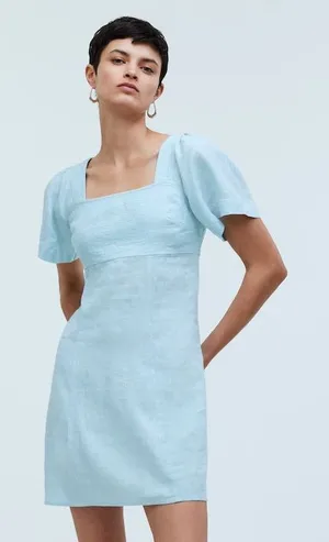 Madewell‎ Square-Neck Mini Dress 100% Linen Euro Summer Coastal Blue NWT Sz 00 thumbnail 1
