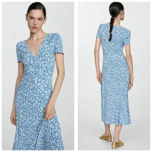 Mango Poma Floral Midi Dress Size Medium Blue Cottage Coquette Chic Jersey thumbnail 2
