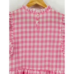 Entro Pink Plaid‎ Checkered Gingham Dress Small Tiered Babydoll Mini Ruffle Neck thumbnail 5