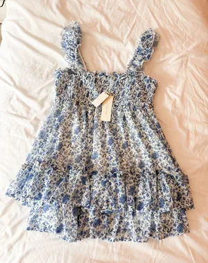 Altar’d State Paityn White And Blue Floral Smocked Tiered Mini Dress Size Small thumbnail 1