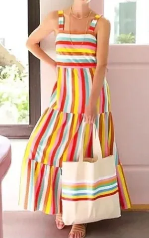 J. Crew Rainbow Striped Tiered Maxi Dress Colorful Summer Beach Sundress Vacay thumbnail 1