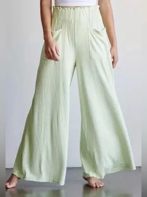 Free People Movement Blissed Out Wide Leg Pants Womens Size XS Green Ribbed thumbnail 1