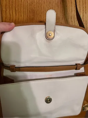 Celine crossbody bag White Leather Tote with Brown Trim and Gold Plaque thumbnail 9