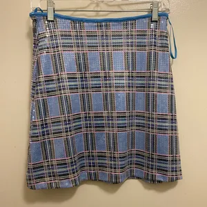 Motel Weaver Womens Mini Skirt L Large Blue Plaid Allover Sequins Waist 32” 34” thumbnail 4
