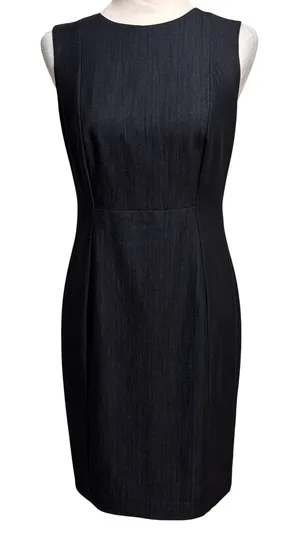 Calvin Klein Sheath Dress Womens 4P Navy Denim Look Gold Zipper Career Timeless thumbnail 1