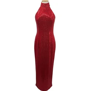 Vintage 90s Sequined High Neck Gown Open Back Maxi Dress Red Womens 8 thumbnail 3