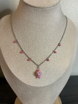 Handmade Pink Floral Porcelain Charm Necklace | Waterproof & Tarnish Resistant thumbnail 1