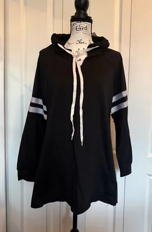 BloomChic Black Hooded Pullover with White Drawstrings and Sleeve Stripes Size 10 thumbnail 1