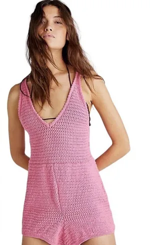 Free People Romper Clear Skies Pink Crochet Beach Size XS thumbnail 1