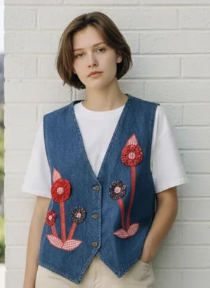 VTG Sun Belt Woman's Denim Vest Button Down Floral Embroidered Flowers Large USA thumbnail 1