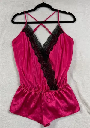Victoria's Secret M Pink Black Lace Trim Satin Romper Sleep Teddy Lingerie Glam thumbnail 1