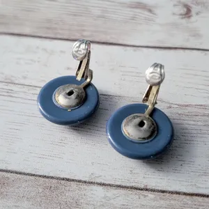 Vintage Clip On Earrings Just Over 0.75" Dark Blue Domed Circle Retro thumbnail 4