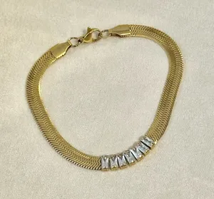 Nordstrom Panacea crystal baguette herringbone chain bracelet gold-plated metal thumbnail 1