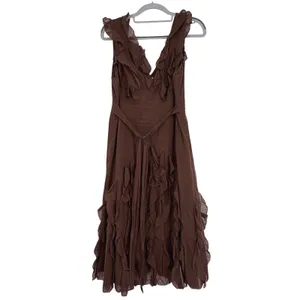 Vintage Intuitions Brown Ruffle Dress Cotton Boho Prairie Midi‎ Size 8 thumbnail 2