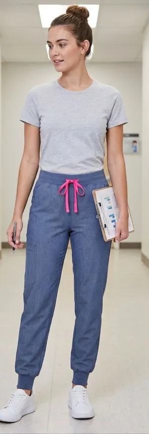 Figs Blue Jogger Scrub Pants with Pink Drawstring thumbnail 1
