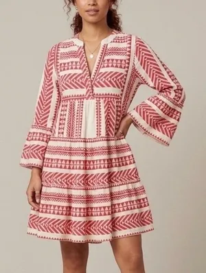 Devotion Twins Ella Red White Embroidered Jacquard Tiered Mini Dress XS thumbnail 1