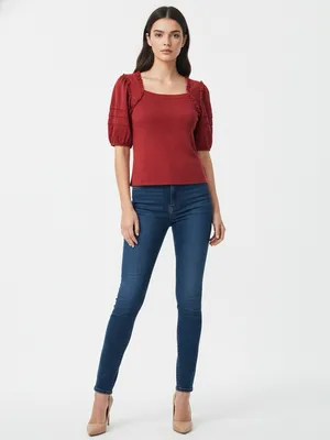 Frye & Co Women Red Ribbed Knit Top Puff Short Sleeve Ruffle Scoop Neck Large thumbnail 2