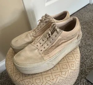 Vans Old Skool Platform Fuzzy Side Stripe Beige Tan Sneakers Women Size 6.5 thumbnail 1