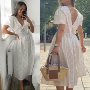 Zara White Embroidered Eyelet Lace Midi Dress‎ in Oyster White Size Small thumbnail 12