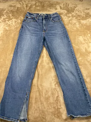 Abercrombie & Fitch High Rise Straight-Leg Medium Blue Jeans with slits thumbnail 3