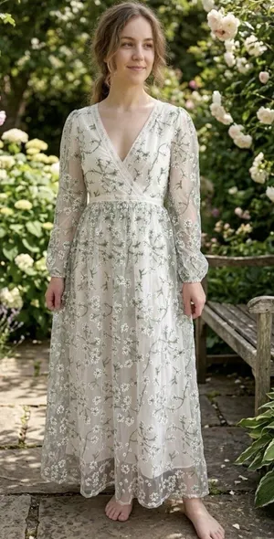 Ever After Floral Embroidered Maxi Dress Cottagecore Wedding Guest Long Sleeve S thumbnail 1