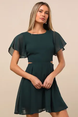 NWT Lulus Blissful Love Dark Green Cutout Mini Skater Dress Party Night Out Sz M thumbnail 1