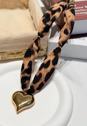 Leopard Print Scarf Necklace Gold Heart Pendant Statement Necklace NIB thumbnail 1