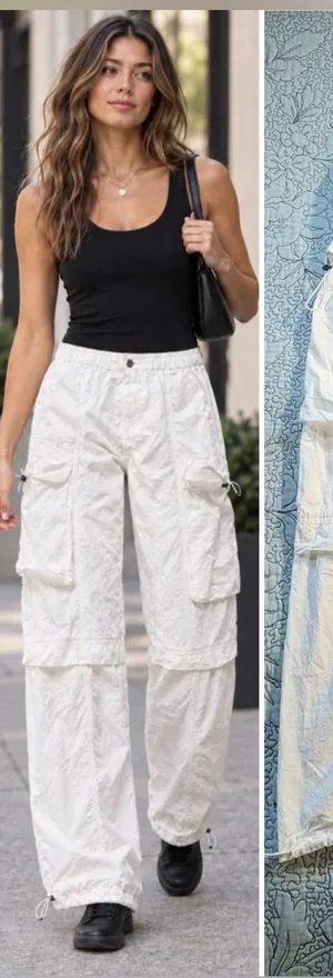 💥AllSaints Barbara White Cargo Parachute Pants Utility Drawstring Hem Sz 8🧡 thumbnail 1