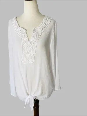 SPENSE Eyelet Lace Accent Tie Front Top White Size L thumbnail 2