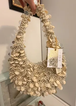 Handmade Pretty Coastal Mermaidcore Pearl & Seashell Beaded Hobo Shoulder Bag thumbnail 1