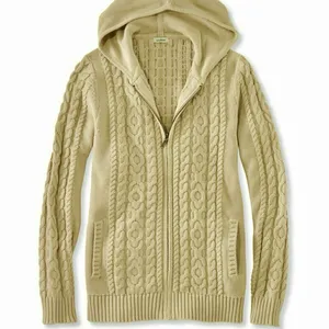 LL Bean Yellow Double L Mixed Cable Full Zip Hoodie Pockets Cotton Sweater SMALL thumbnail 12