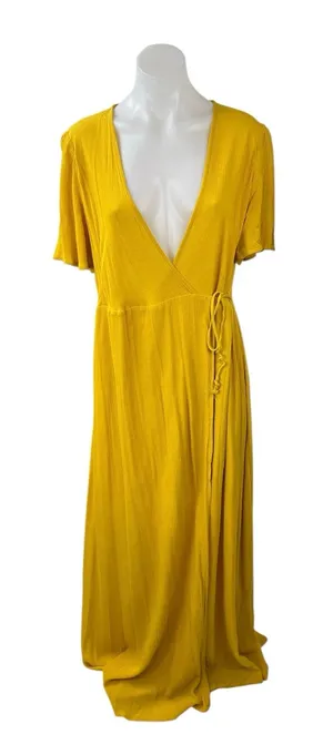 Lulus Much Obliged Women's Yellow Deep V Neck Short Sleeve Maxi Wrap Dress Sz L thumbnail 1