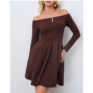 NEW Brown Off The Shoulder Long Sleeve A Line Pleated Mini Dress S thumbnail 7