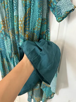 Anthropologie Odetta Ruffled V-Neck midi Dress Teal Gold Boho Mixed Print Small thumbnail 7