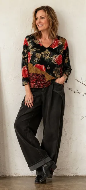 LR Women's Boho Artsy‎ Knit Top L Silk Black Red Floral Baroque Y2K Long Sleeve thumbnail 1