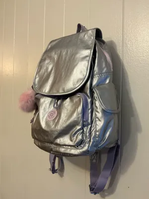 NWT Kipling city pack Metallic Backpack Purple Straps Monkey Zip Pockets Bag thumbnail 2