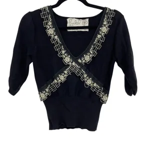 Anthropologie Field Flower Black Short Sleeve Lace Trim Sweater Womens S Y2K thumbnail 2