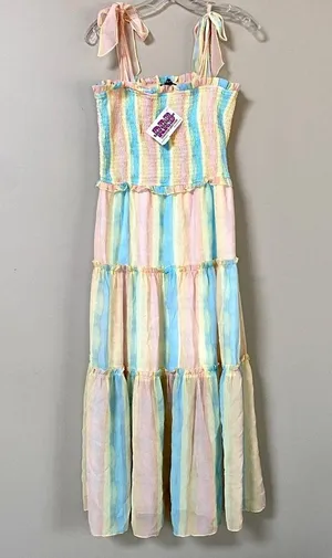 Aakaa NWT pastel rainbow smocked ruffle tiered shoulder tie midi dress Sz Large thumbnail 4
