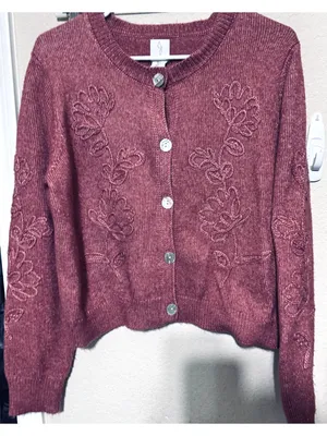 Joie Dusty Rose Pink Embroidered Floral‎ Sweater Cardigan Size L Button cropped thumbnail 1