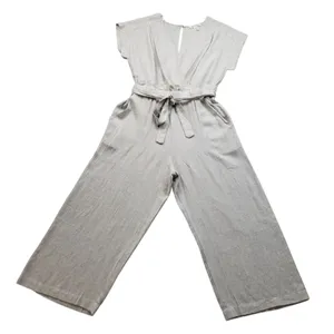 Monteau Jumpsuit Womens Large Beige Linen Wide Leg V-Neck Cropped Boho Overall thumbnail 2