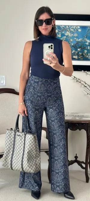 Macy's Navy Blue High-Waist Wide-Leg Patterned Pants thumbnail 1