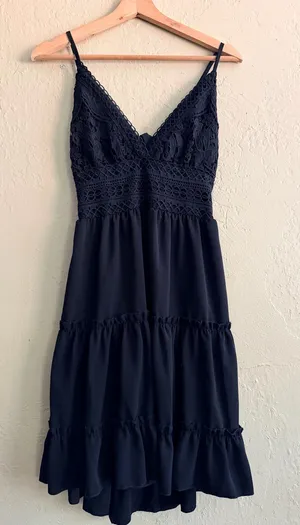 Ecowish Black Lace-Trim Tiered Midi Dress thumbnail 1