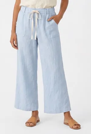 Happily Grey Light Blue Linen Blend Wide Leg Drawstring Pants Large thumbnail 1