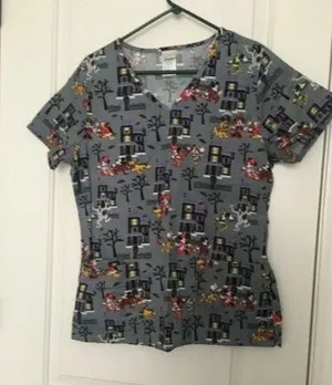 Disney Women's Graphic Scrub Uniform Top Nurse Medical Halloween Size Small thumbnail 1