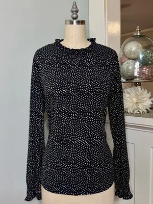 Adrianna Papell Black Polka Dot Long Sleeve Ruffled Mock Neck Blouse Size Large thumbnail 2