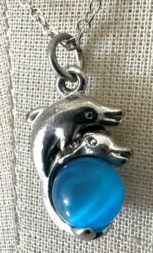 Vintage Dolphin Pendant Necklace with Blue Glass Orb thumbnail 1